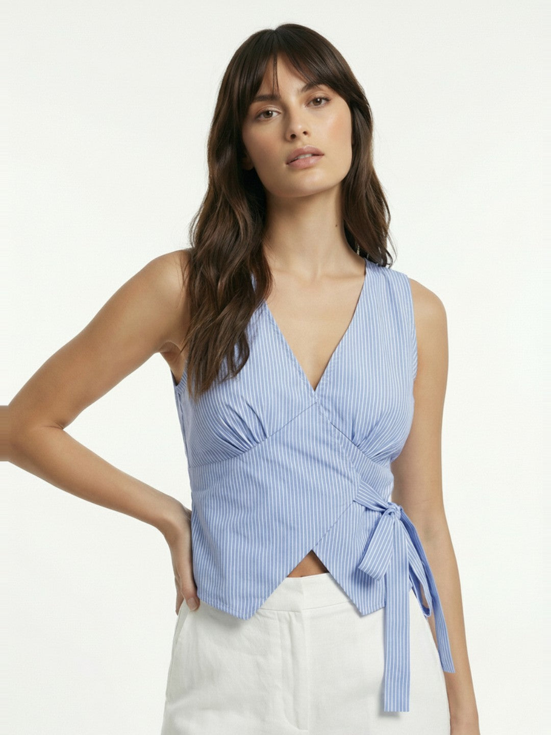Women's Blue Pinstripe Wrap Front Tie Sleeveless Top