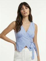 Women's Blue Pinstripe Wrap Front Tie Sleeveless Top