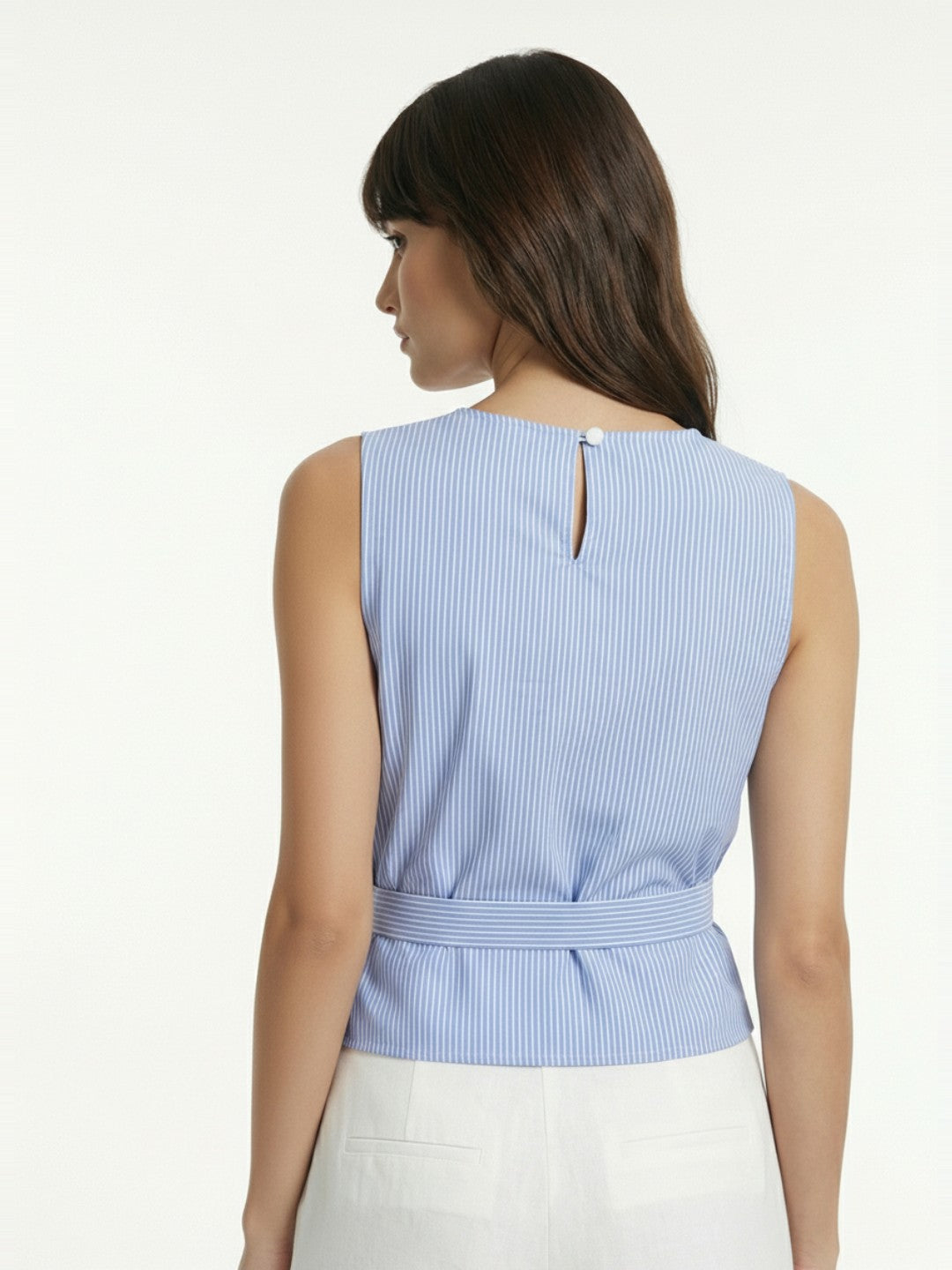 Women's Blue Pinstripe Wrap Front Tie Sleeveless Top