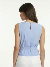Women's Blue Pinstripe Wrap Front Tie Sleeveless Top