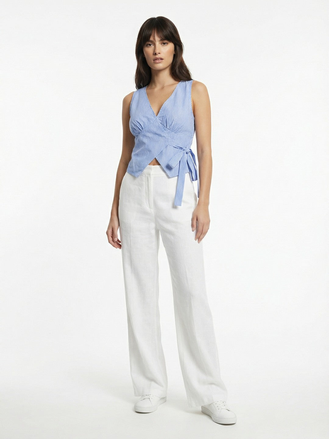 Women's Blue Pinstripe Wrap Front Tie Sleeveless Top