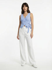 Women's Blue Pinstripe Wrap Front Tie Sleeveless Top