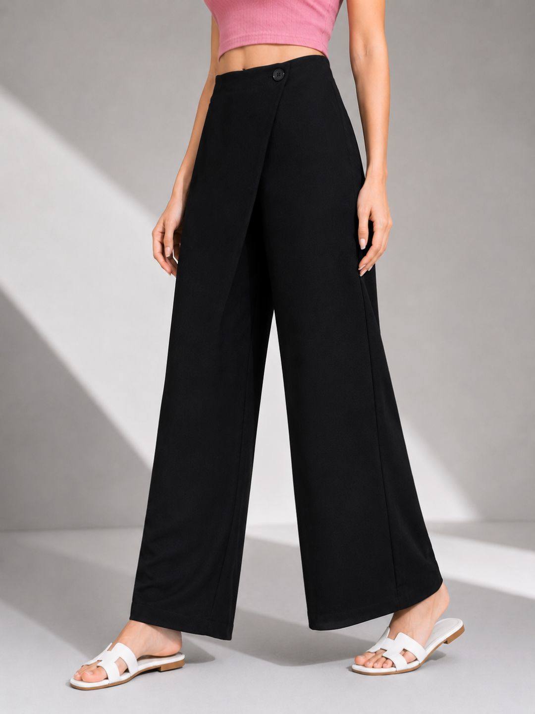 Women's Black Wrap Front Wide Leg Palazzo Trousers
