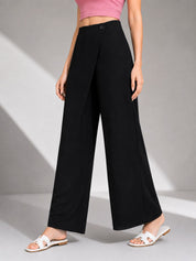 Women's Black Wrap Front Wide Leg Palazzo Trousers