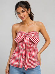 Gingham Check Strapless Bow Front Peplum Top
