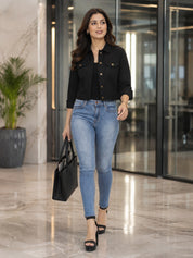 Cropped Button-Front Casual Jacket