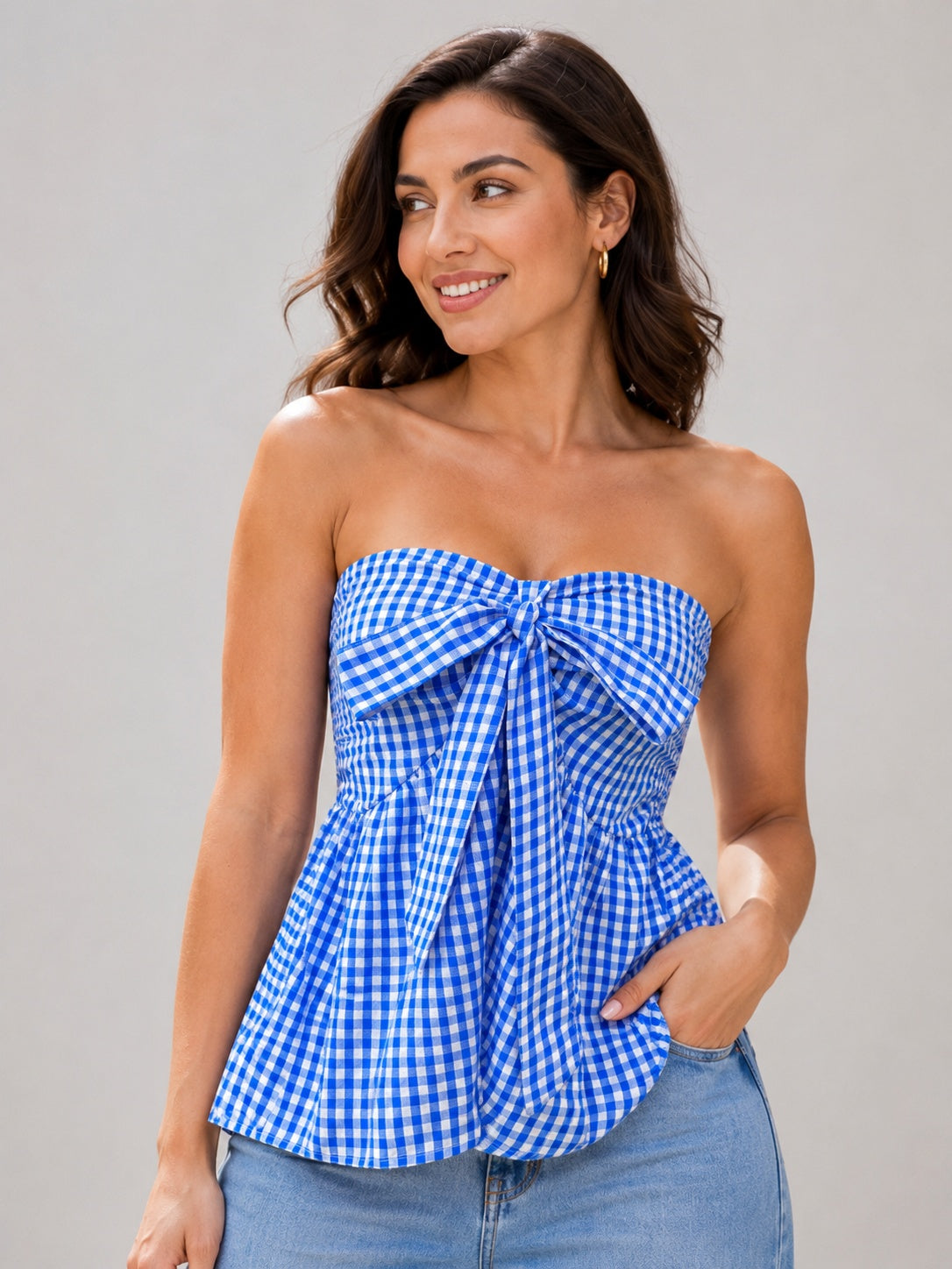 Gingham Check Strapless Bow Front Peplum Top