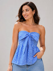 Gingham Check Strapless Bow Front Peplum Top
