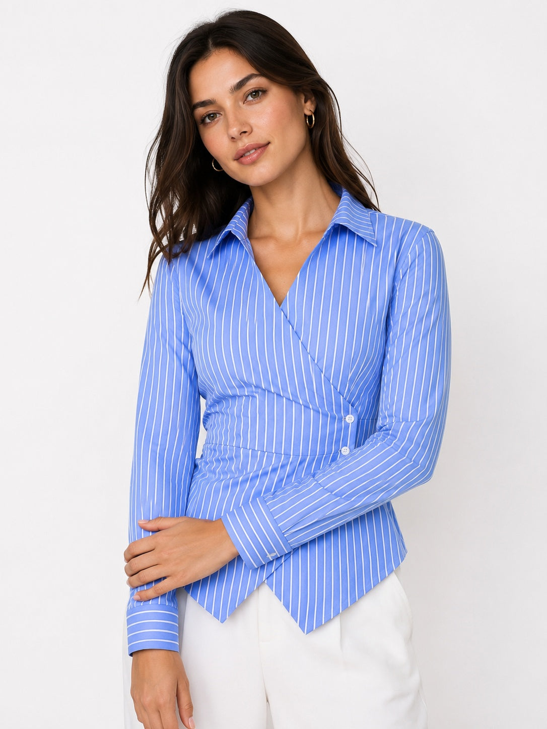 Striped Wrap Shirt Asymmetric Hem Collared