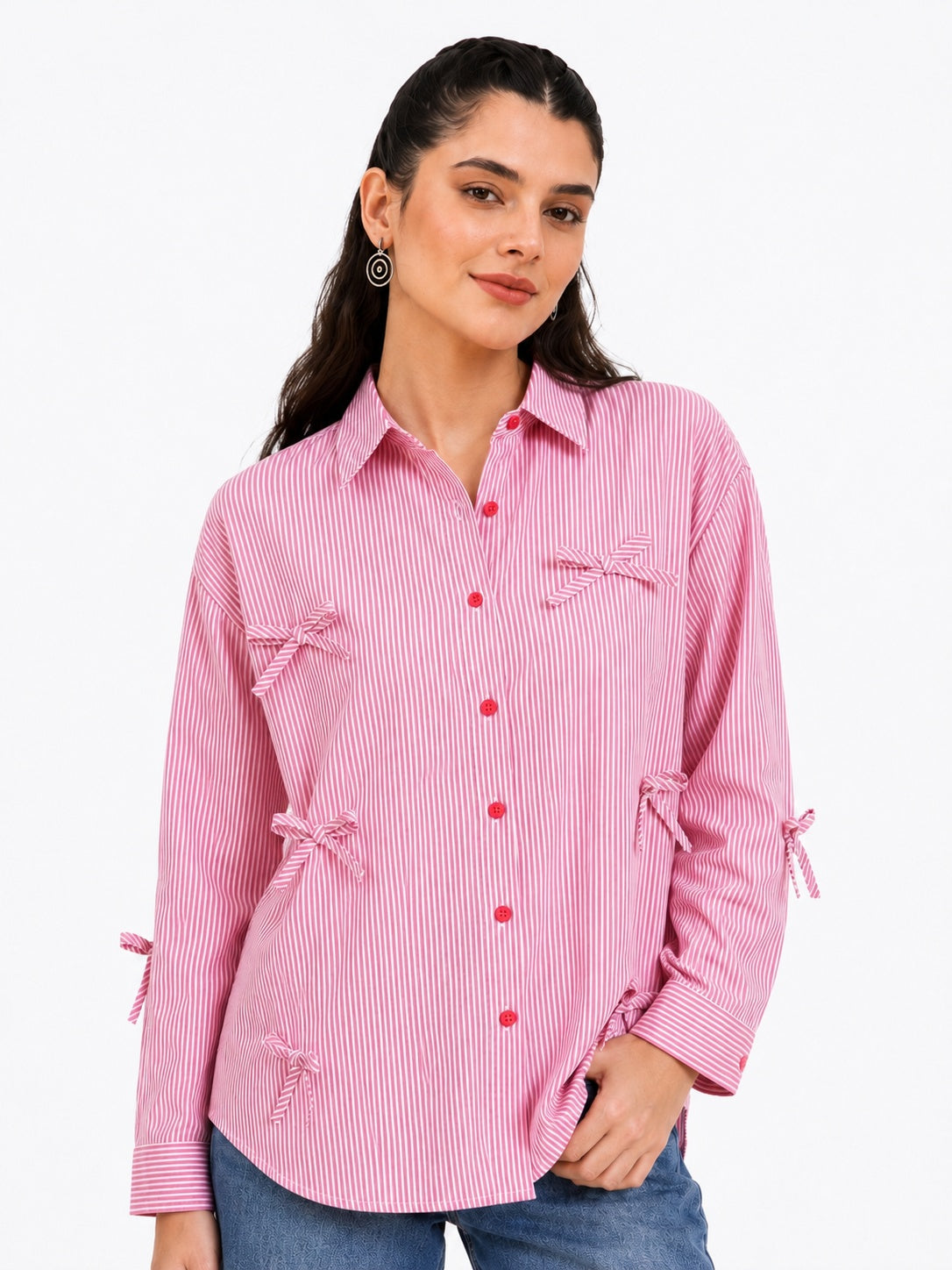 Oversized Shirt Striped Tie Detail Full Sleeve