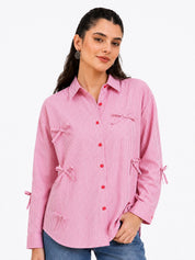 Oversized Shirt Striped Tie Detail Full Sleeve