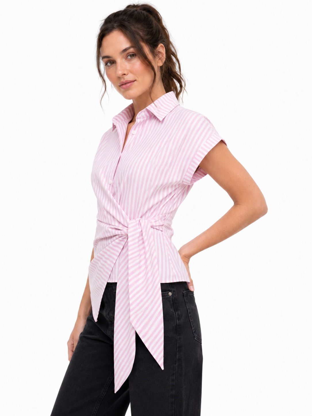 Striped Wrap Style Cotton Shirt Drop Shoulder