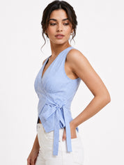 Striped Wrap Top Sleeveless V Neck Tie Waist