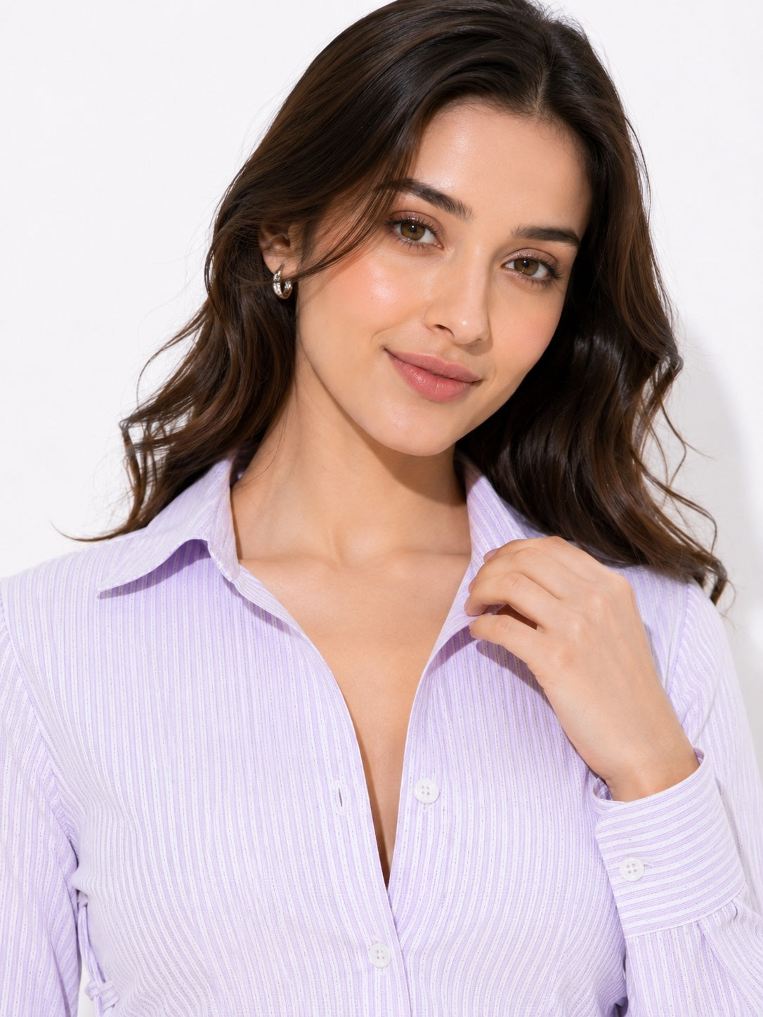 Ribbed Lace-Up Side Slit Button Shirt
