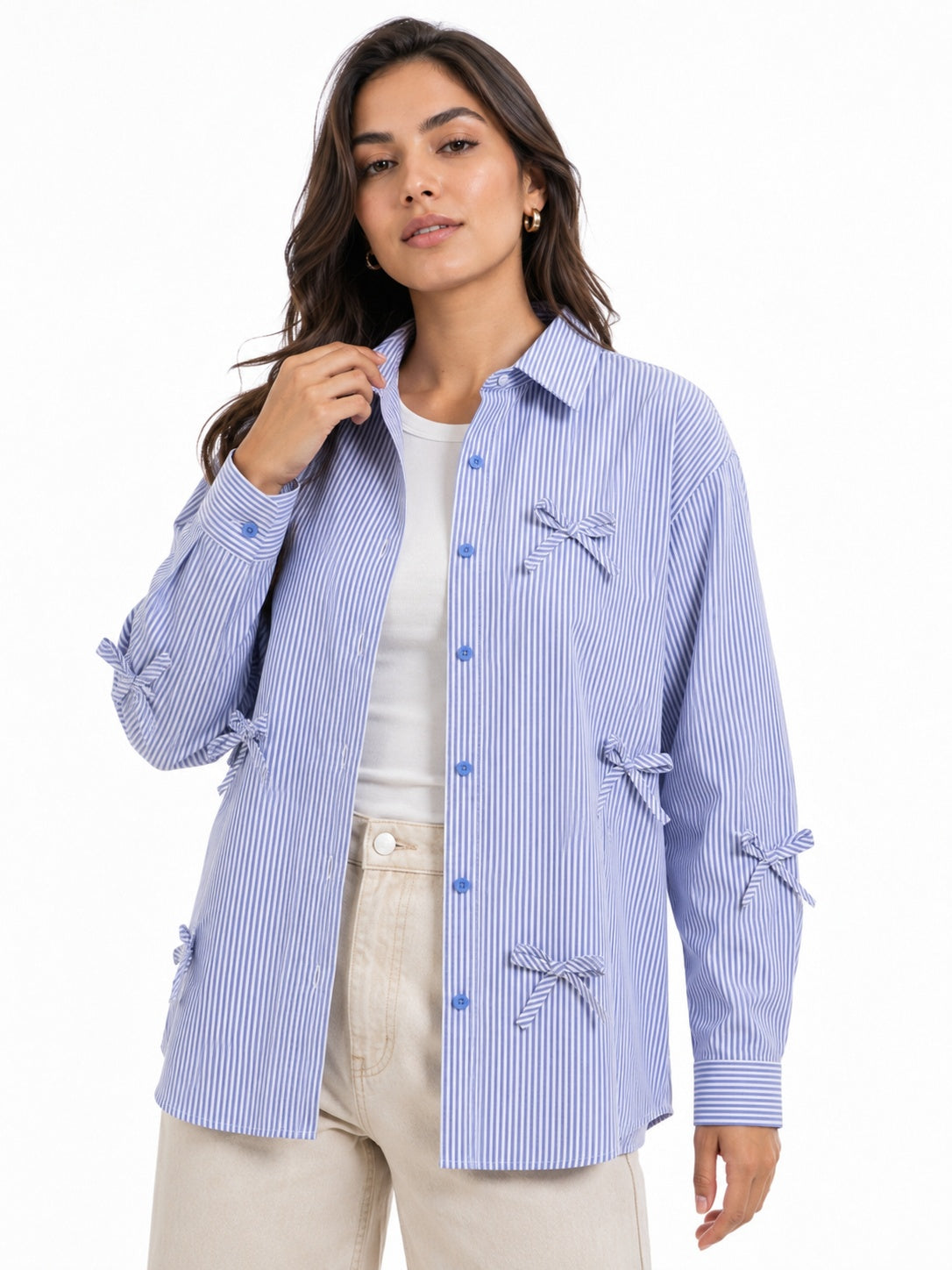Oversized Shirt Striped Tie Detail Full Sleeve