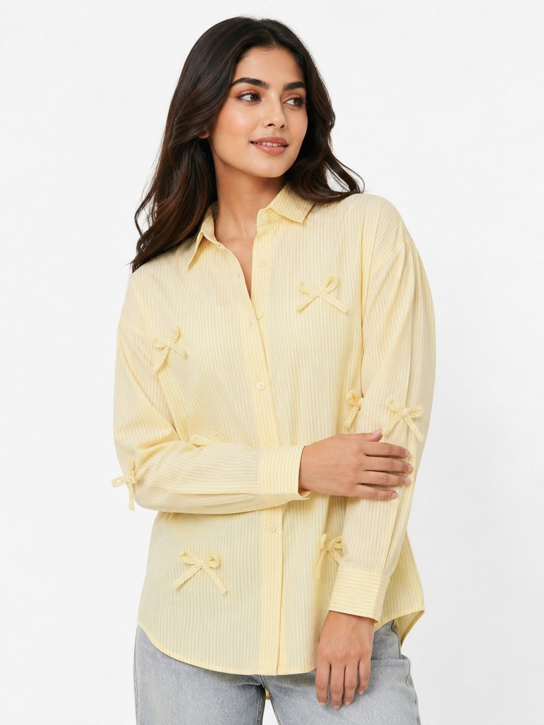Oversized Shirt Striped Tie Detail Full Sleeve