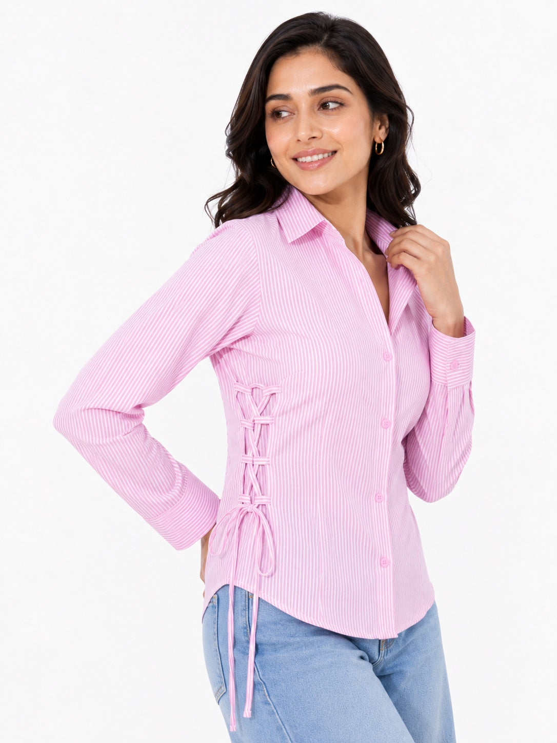 Ribbed Lace-Up Side Slit Button Shirt
