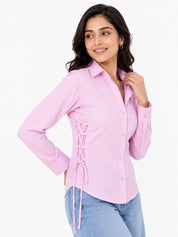 Ribbed Lace-Up Side Slit Button Shirt