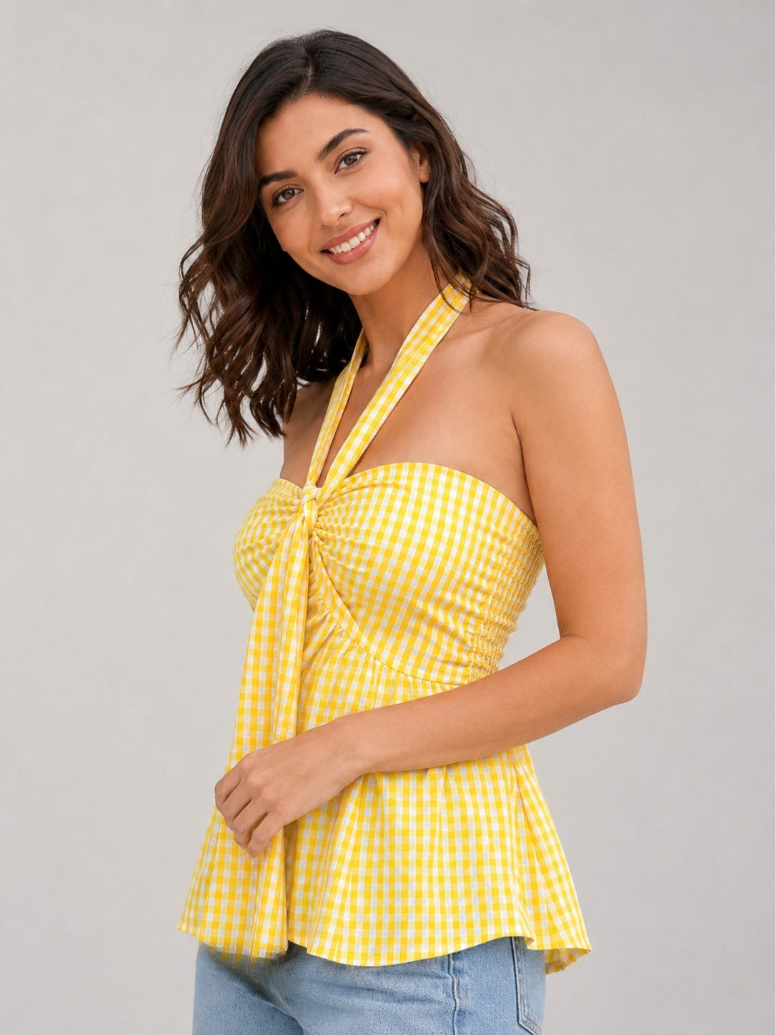 Gingham Check Strapless Bow Front Peplum Top