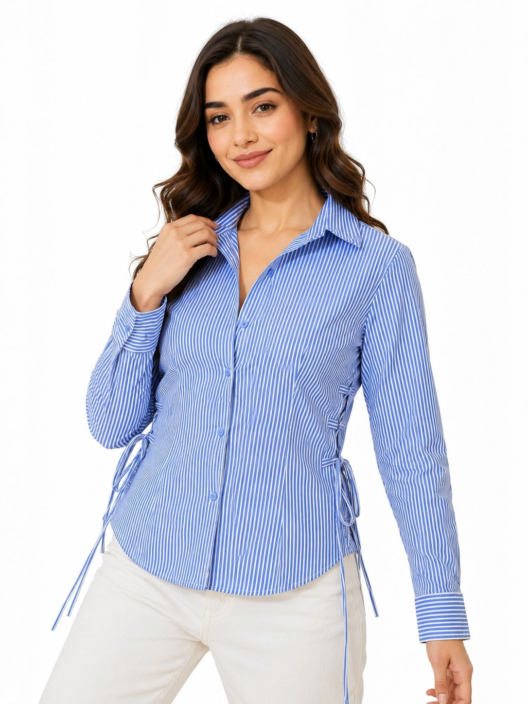 Ribbed Lace-Up Side Slit Button Shirt