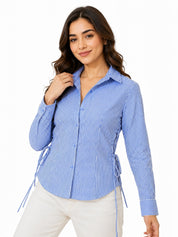 Ribbed Lace-Up Side Slit Button Shirt