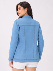 Buttoned and Collared Long Denim Jacket
