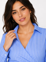 Striped Wrap Shirt Asymmetric Hem Collared
