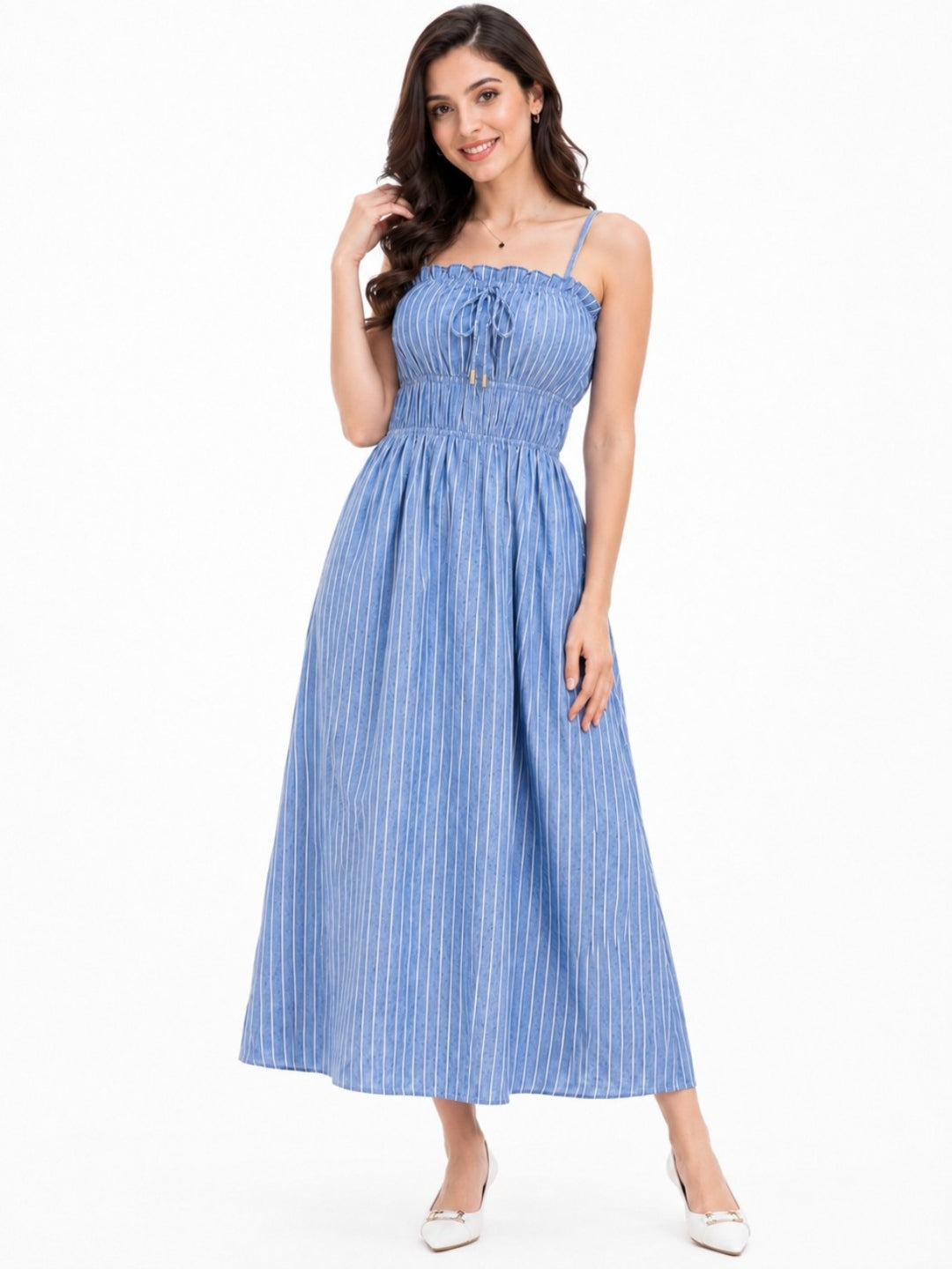 Striped A-Line Maxi Dress with Smocked Bodice
