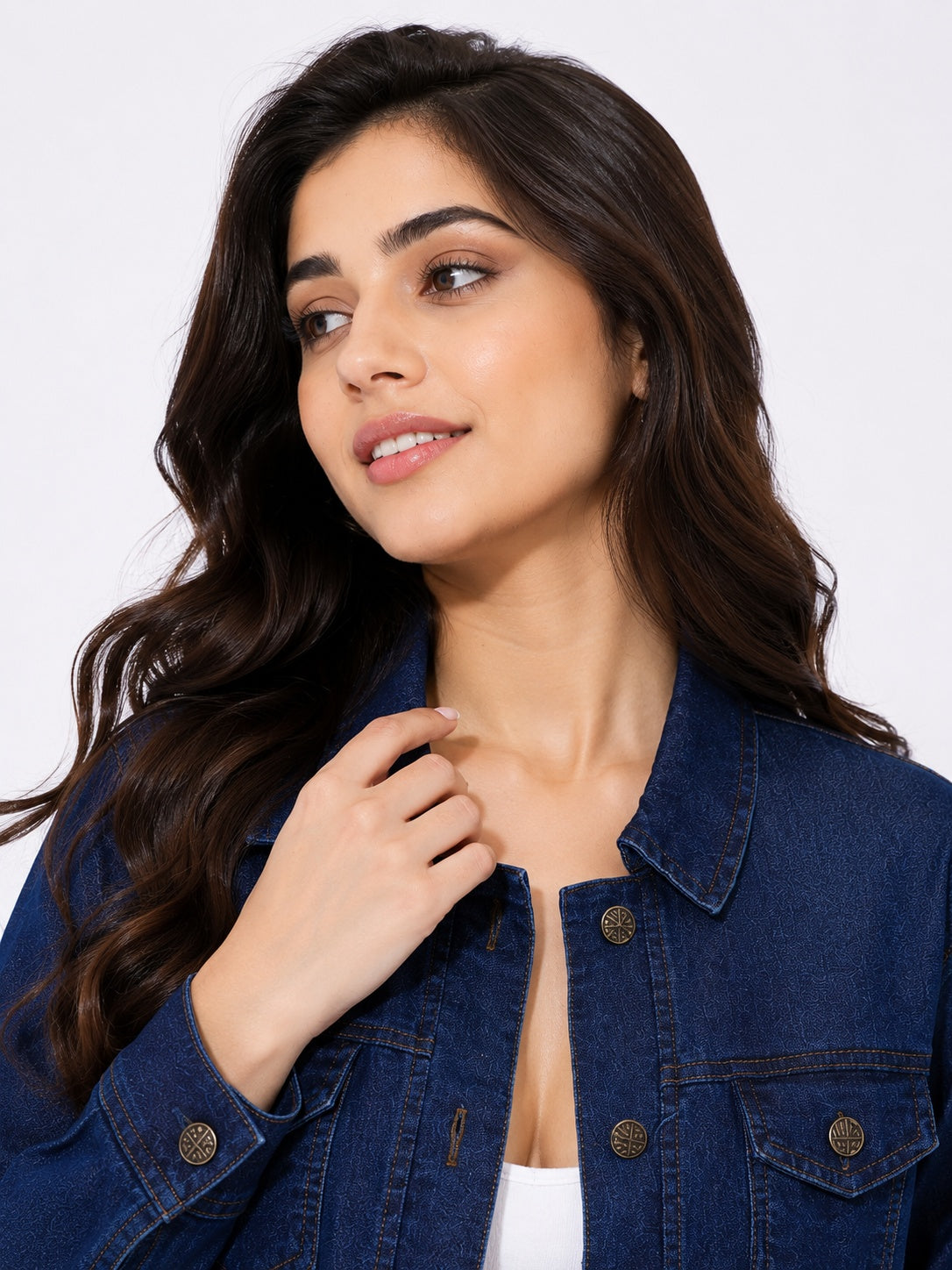 Buttoned and Collared Long Denim Jacket