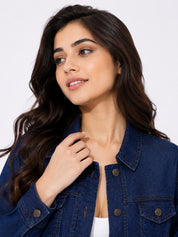 Buttoned and Collared Long Denim Jacket