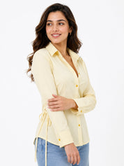 Ribbed Lace-Up Side Slit Button Shirt