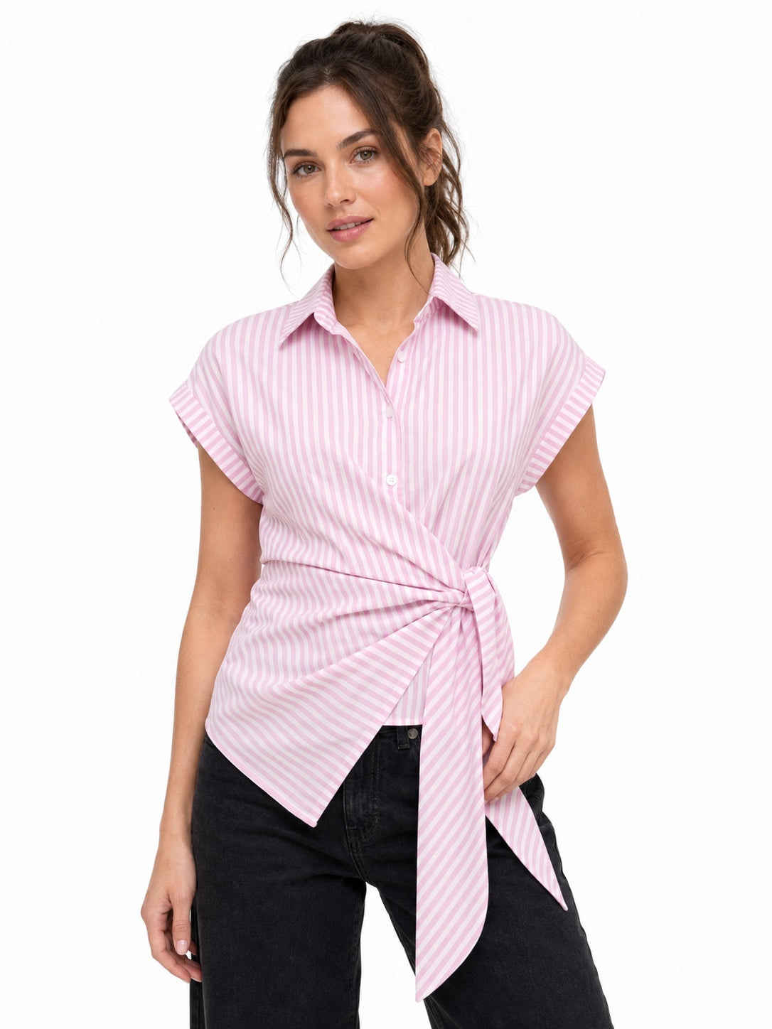 Striped Wrap Style Cotton Shirt Drop Shoulder