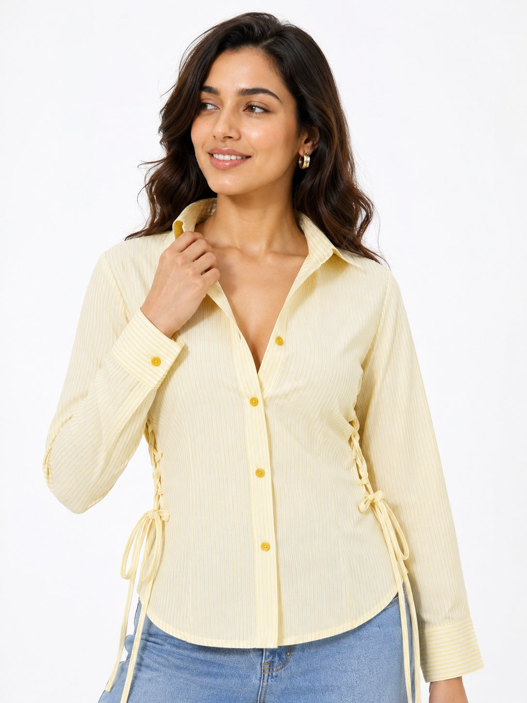 Ribbed Lace-Up Side Slit Button Shirt