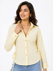 Ribbed Lace-Up Side Slit Button Shirt
