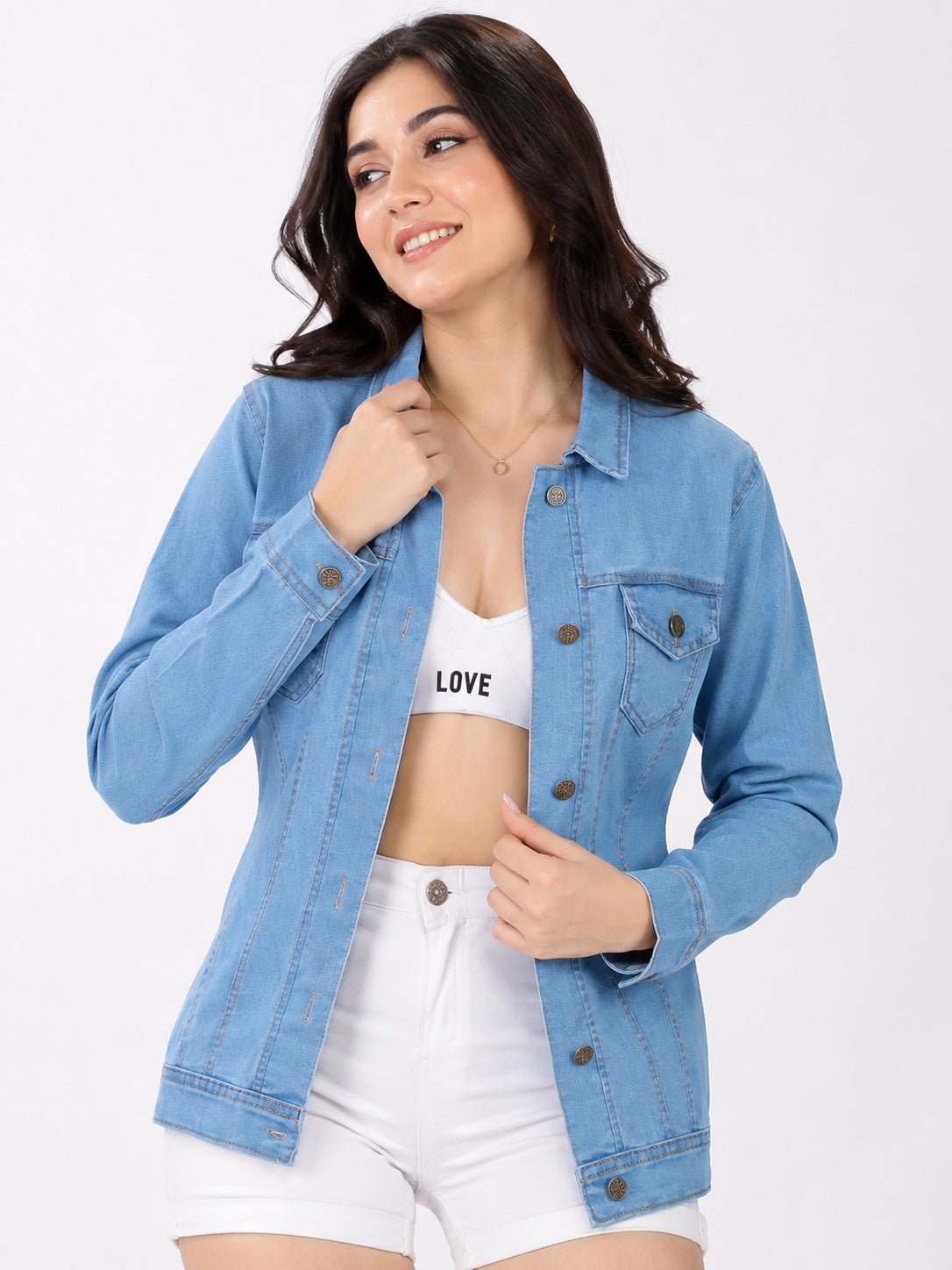 Buttoned and Collared Long Denim Jacket