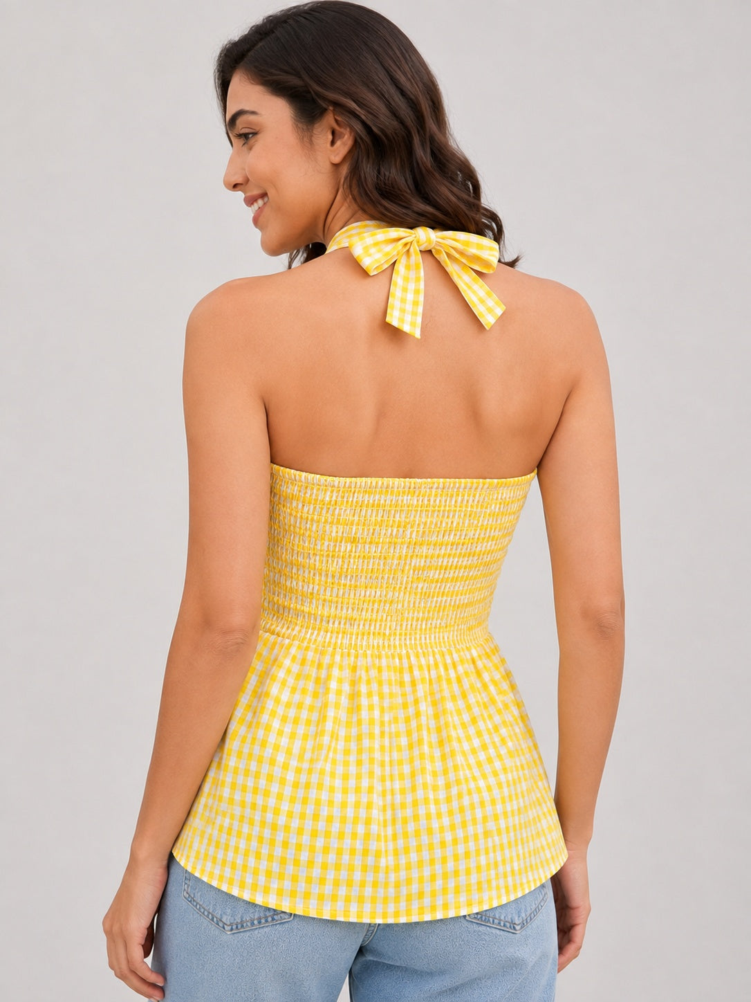 Gingham Check Strapless Bow Front Peplum Top