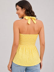 Gingham Check Strapless Bow Front Peplum Top