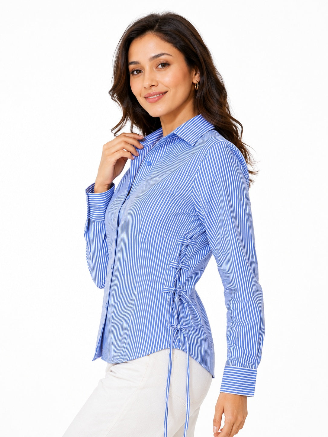 Ribbed Lace-Up Side Slit Button Shirt