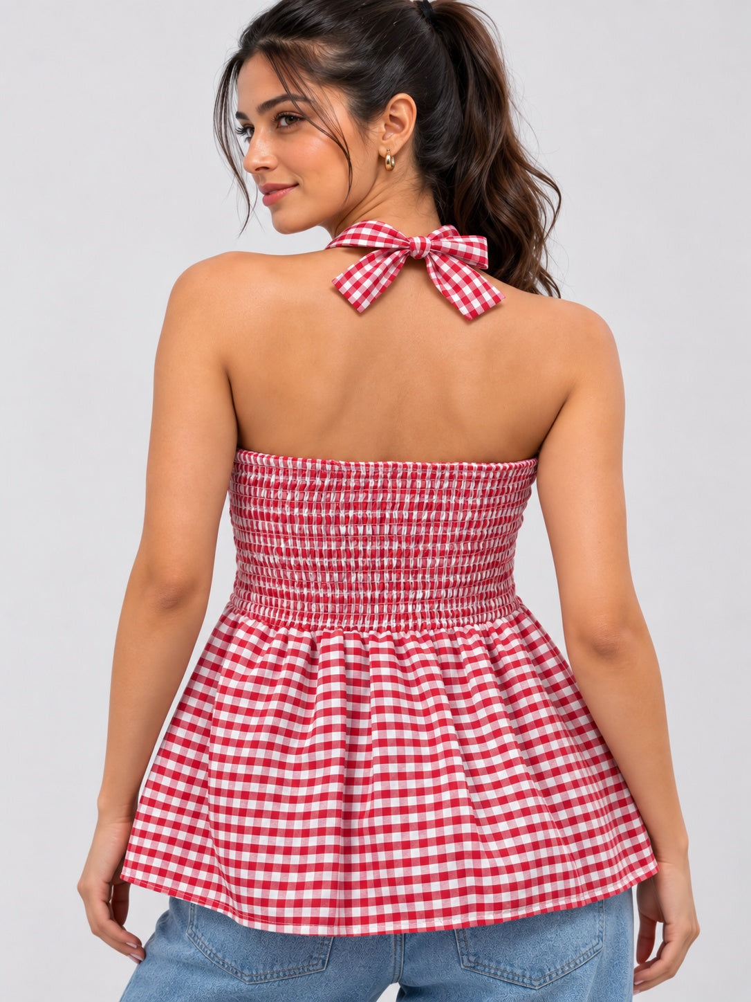 Gingham Check Strapless Bow Front Peplum Top