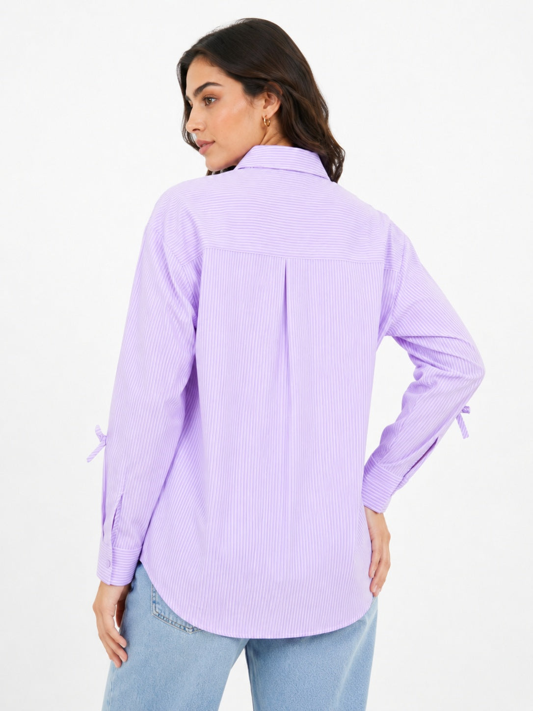 Oversized Shirt Striped Tie Detail Full Sleeve