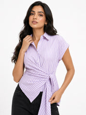 Striped Wrap Style Cotton Shirt Drop Shoulder