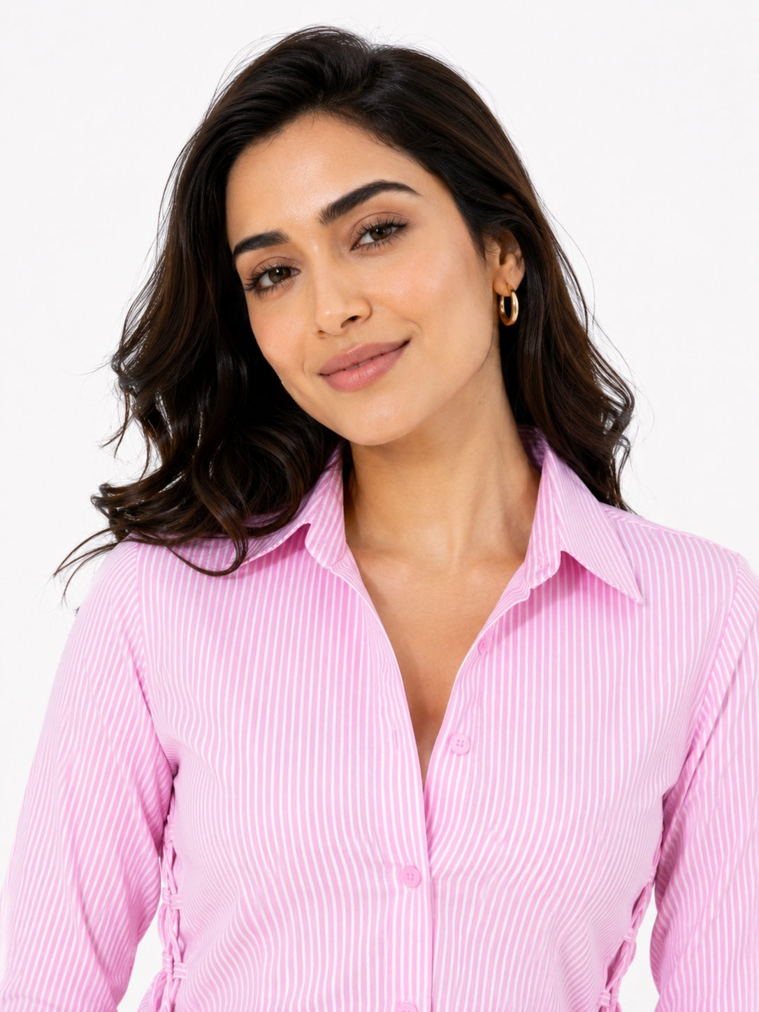 Ribbed Lace-Up Side Slit Button Shirt