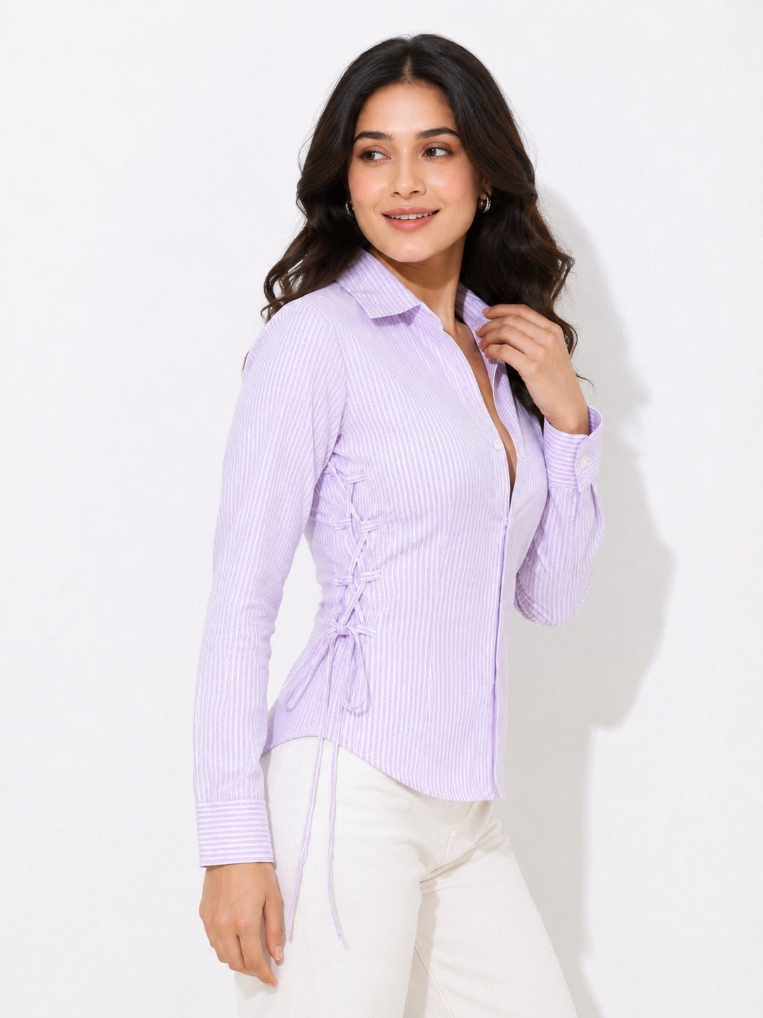 Ribbed Lace-Up Side Slit Button Shirt