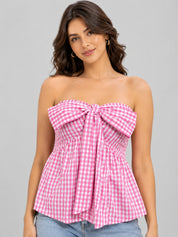 Gingham Check Strapless Bow Front Peplum Top