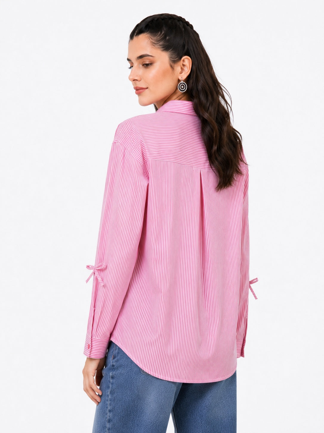 Oversized Shirt Striped Tie Detail Full Sleeve