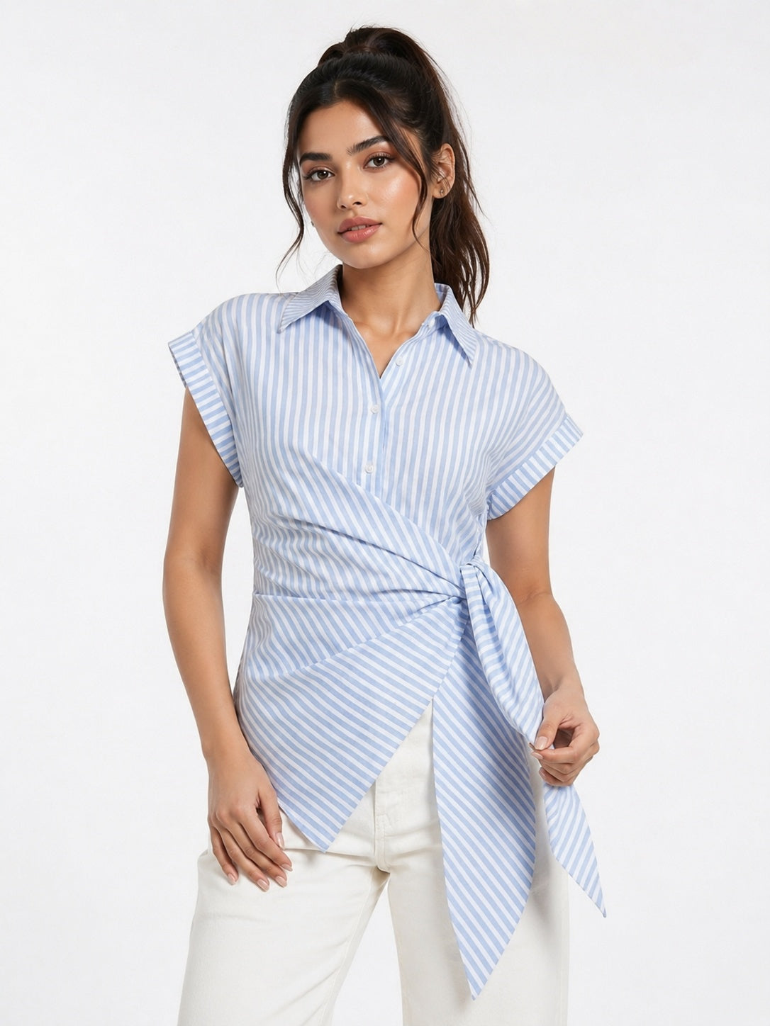 Striped Wrap Style Cotton Shirt Drop Shoulder