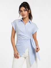 Striped Wrap Style Cotton Shirt Drop Shoulder