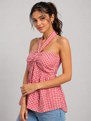 Gingham Check Strapless Bow Front Peplum Top