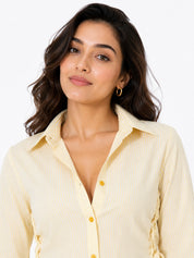 Ribbed Lace-Up Side Slit Button Shirt