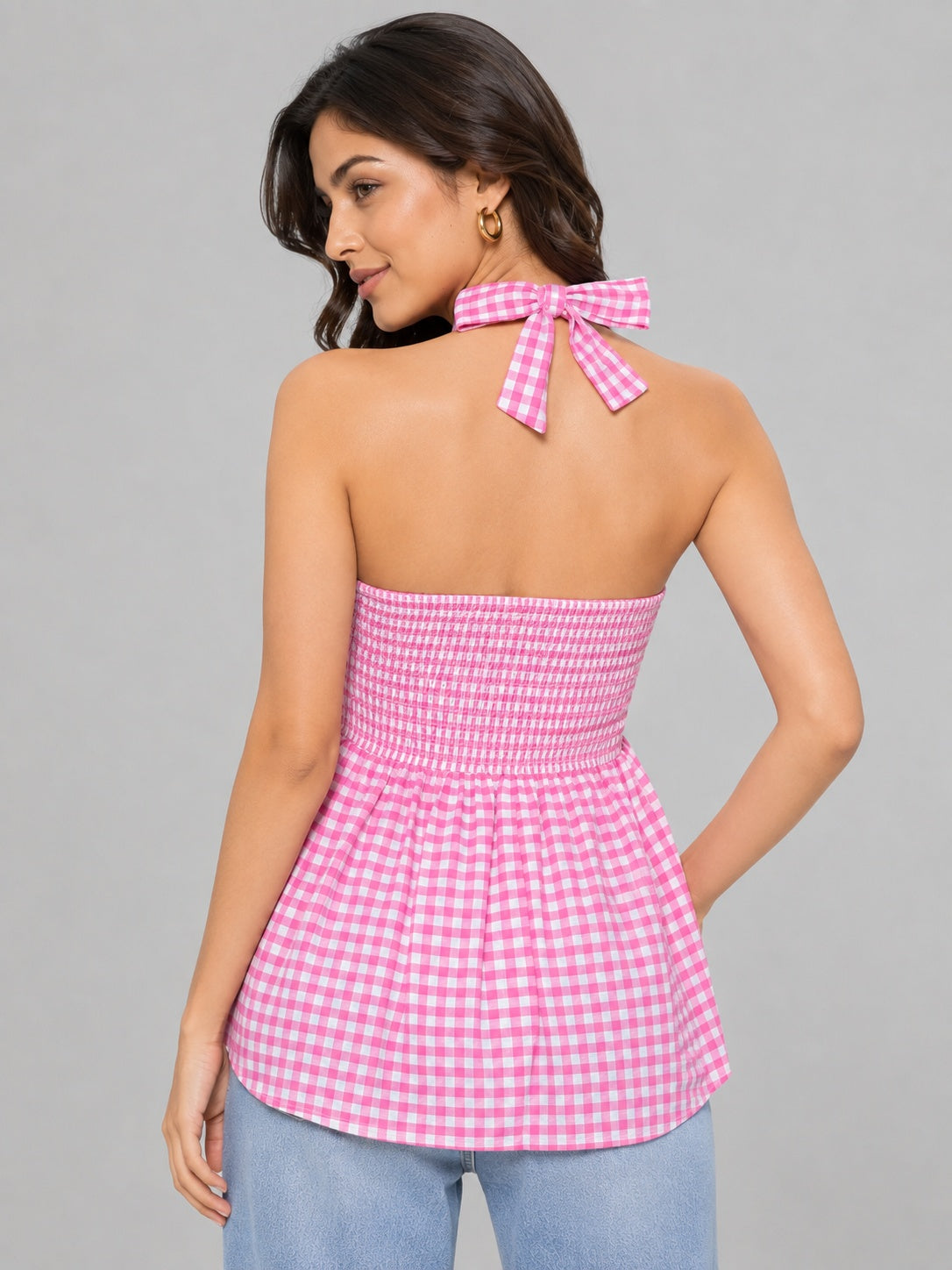 Gingham Check Strapless Bow Front Peplum Top